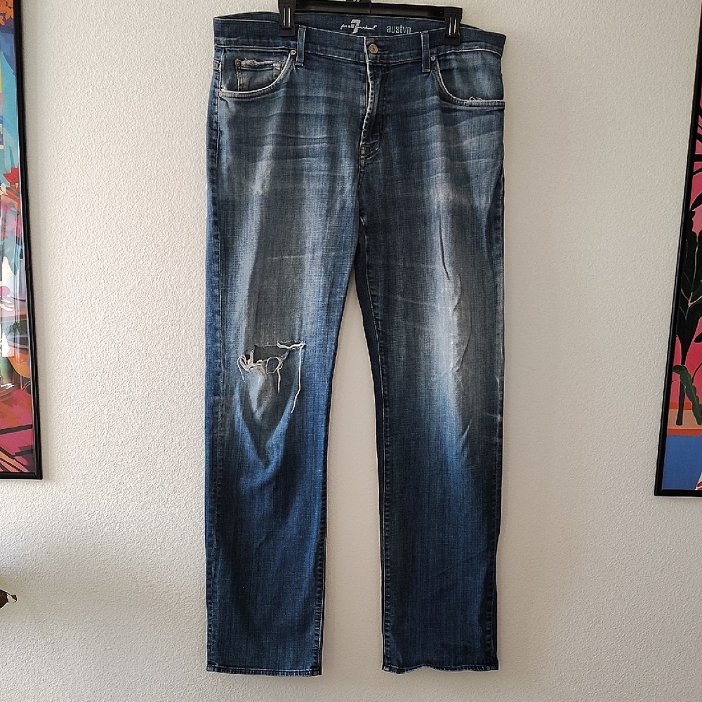 7 For All Mankind Men's Austyn  Distressed Indigo Straight Jeans Size 36 Wait
